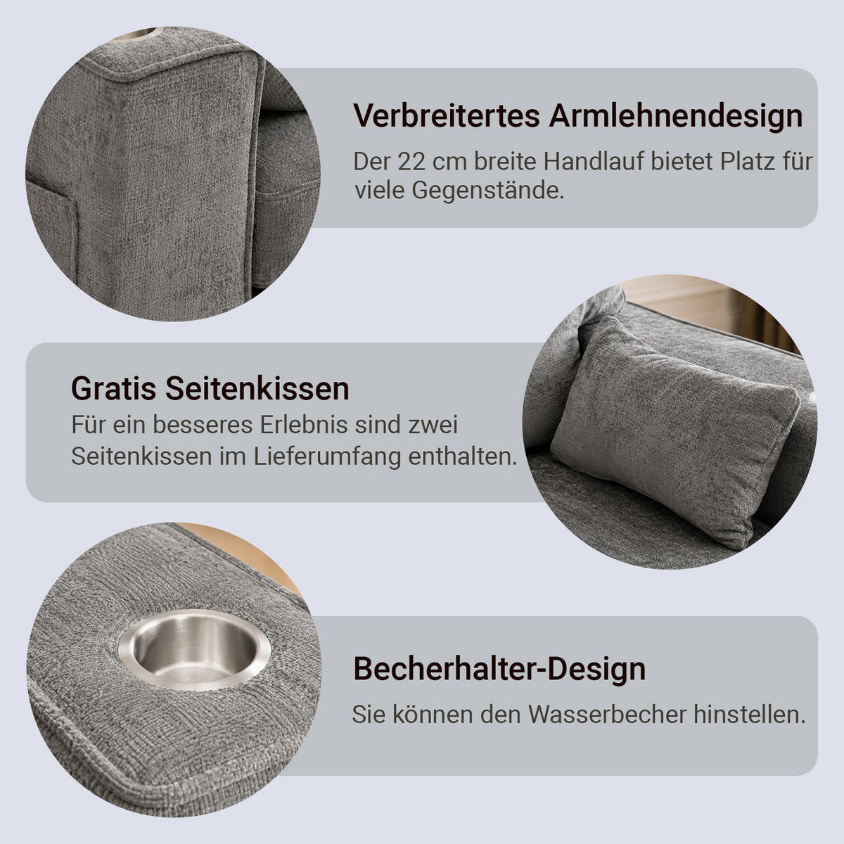 2-SITZER-SOFA 182 cm Chenille mit Getränkehaltern, DE-42913, Dunkelgrau - Dunkelgrau, Holz (182/96/79cm) - ComfortXL