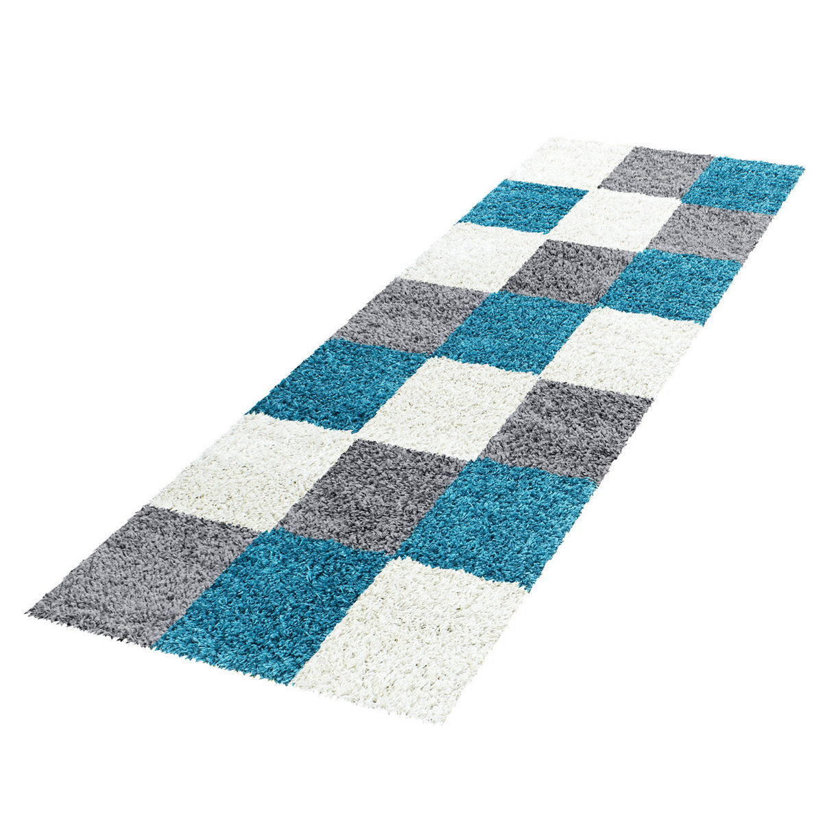 TEPPICH Hochflor Karo Polypropylen Wohnzimmer Shaggy Türkis Läufer 80x250 - Türkis, Textil (80/250cm) - KADIMA DESIGN