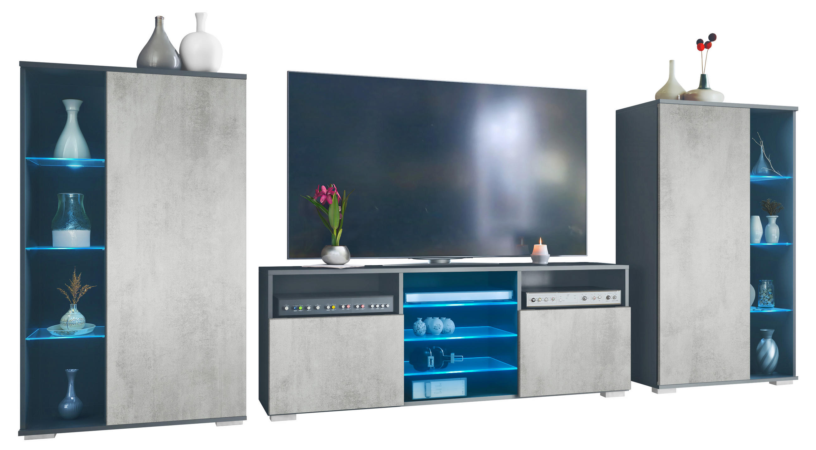 WOHNWAND Davos Beton Oxid Optik - Hellgrau, Holzwerkstoff (329/134/35cm) - Vladon
