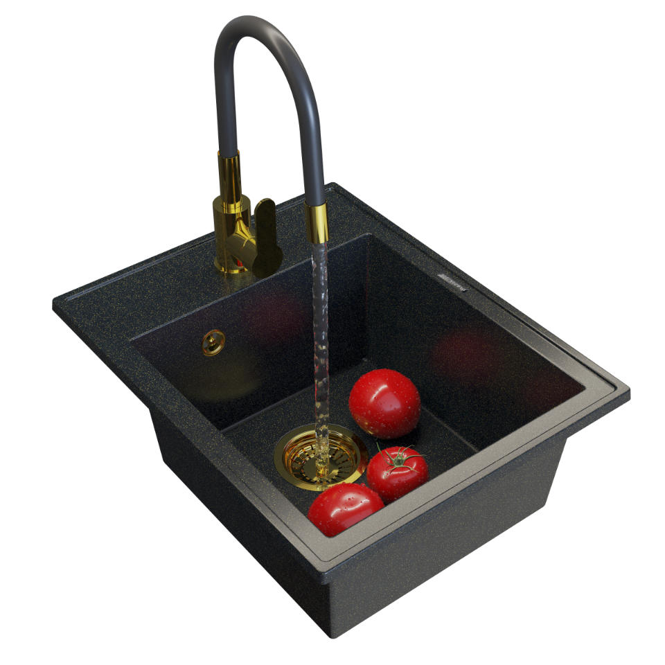 GRANITSPÜLE Nero mit Batterie und Siphon - Goldfarben/Schwarz, Kunststoff/Stein (50/20/40cm) - Granitan