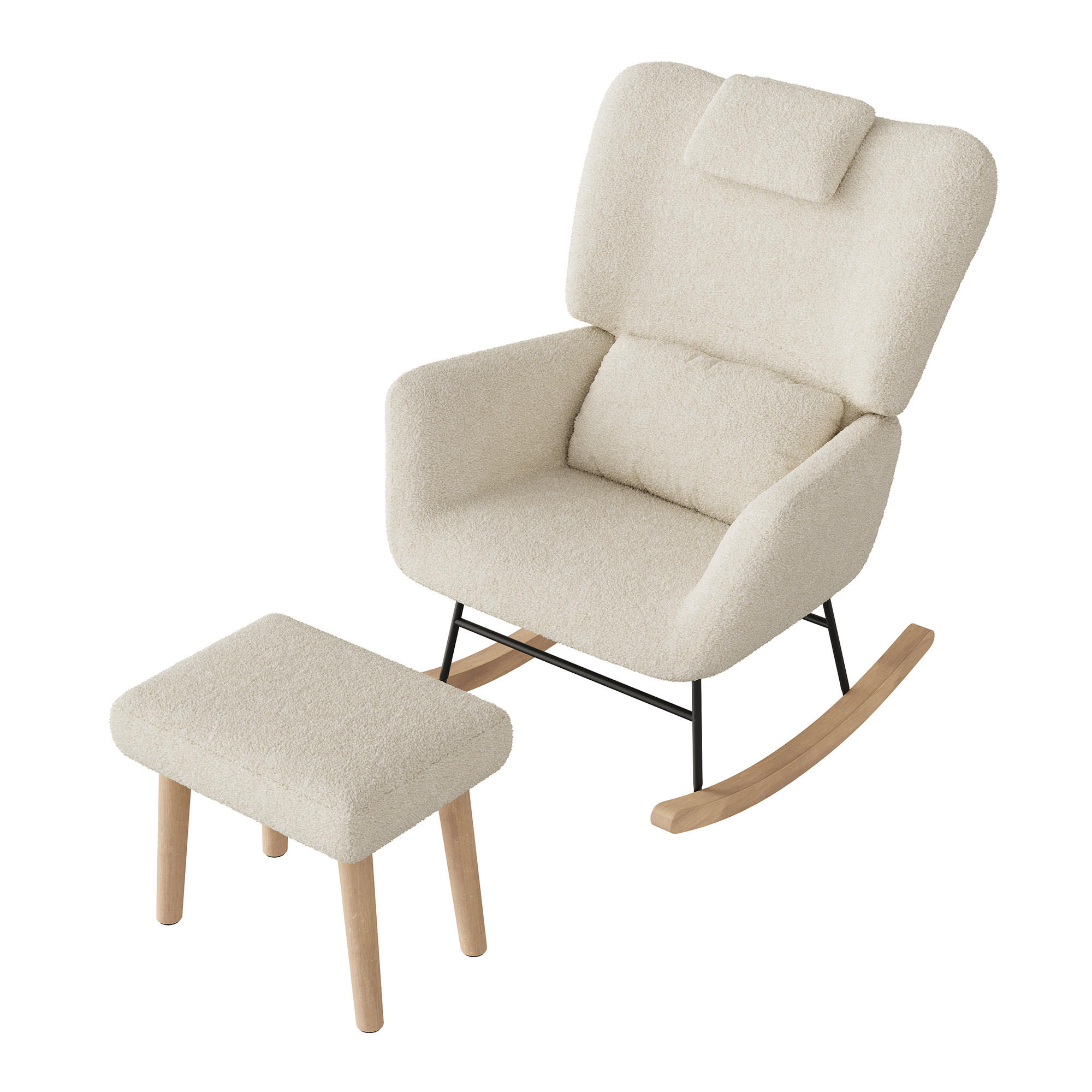 SCHAUKELSTUHL mit Hocker, Beige ,Lendenkissen, Kopfstütze, Seitentaschen und Massivholzsockel, Lammwolle Stoff-für Wohnzimmer, Schlafzimmer - Ecru, Holz/Metall (75/42/93cm) - BursDany