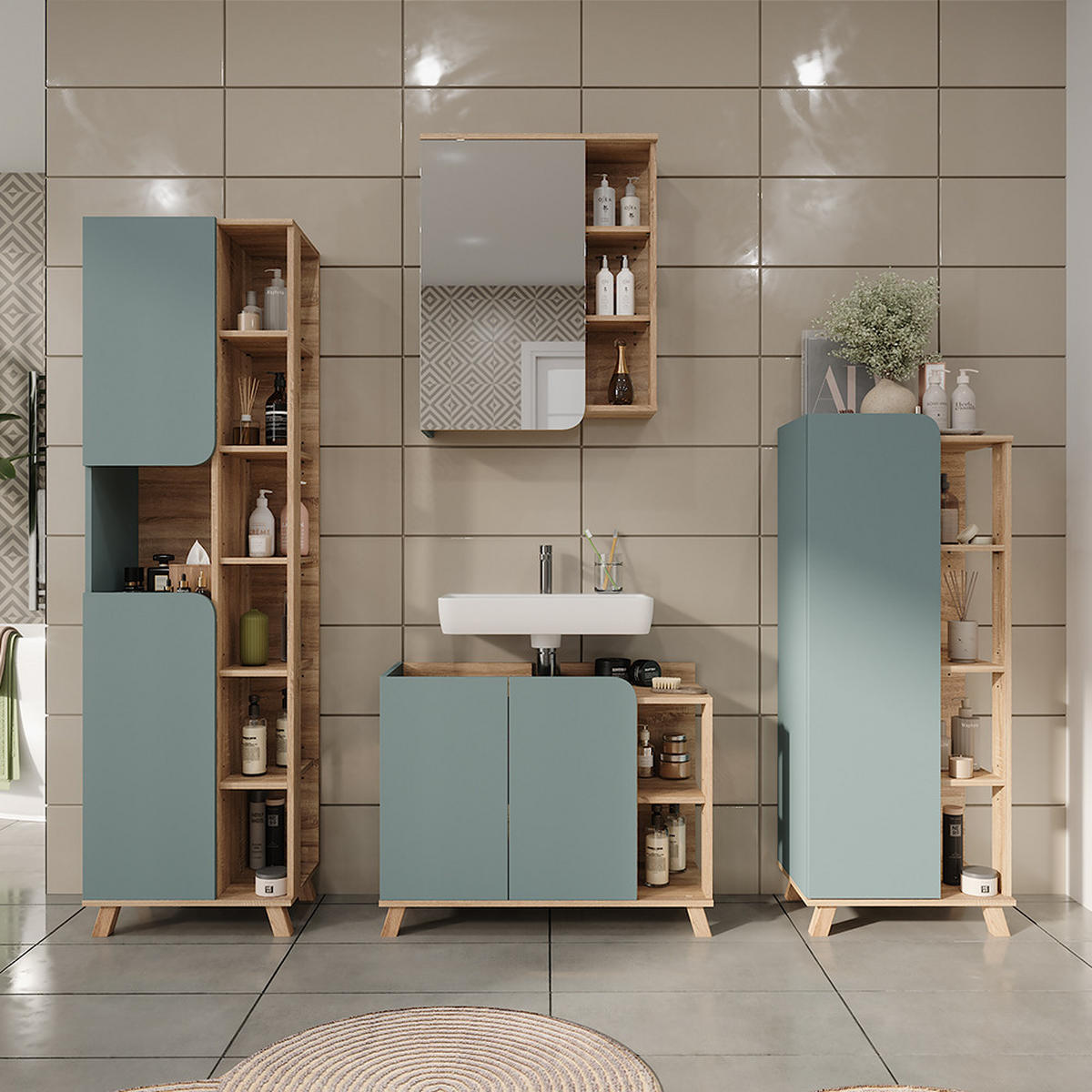 BADSCHRANK Karen Sonoma/Blau 50 x 175 cm mit 2 Türen - Dunkelblau/Sonoma Eiche, Holzwerkstoff (50/175/35cm) - Vicco