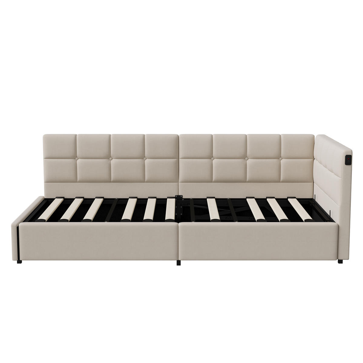 POLSTERBETT 90x200 cm Beige mit hydraulischem Stauraum, LED Beleuchtung, Eckbett mit Rückenlehne - Beige, Metall (90/200cm) - EuroLiving