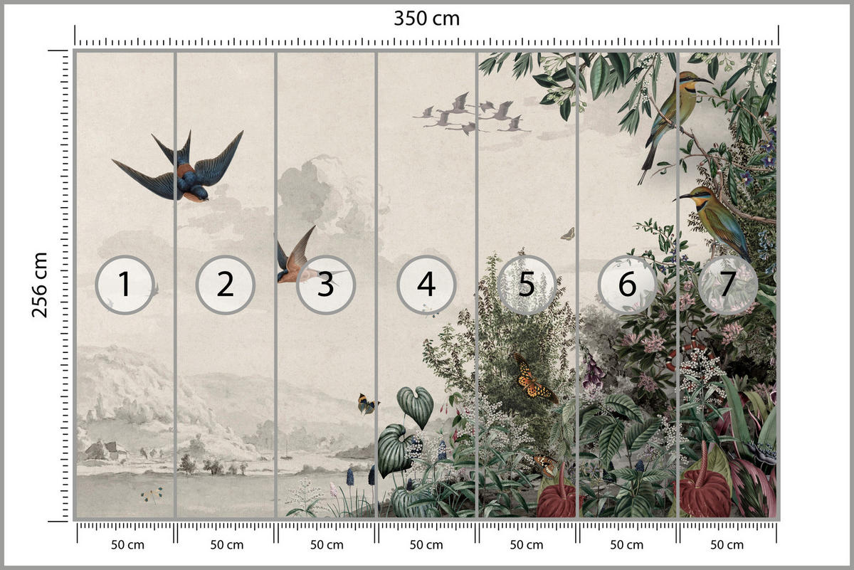 FOTOTAPETE für Wohnzimmer Retro Tropenlandschaft Vögel Büsche 350x256 - Beige/Rot, Papier (350/256cm) - Muralo