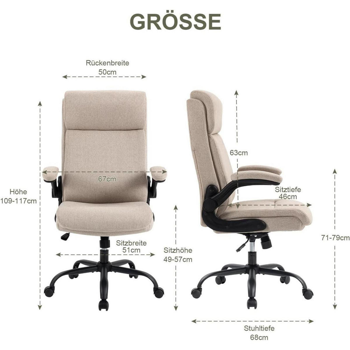 BÜROSTUHL mit hoher Rückenlehne und hochklappbaren Armlehnen Stoff Beige - Beige, Textil (68/113/70cm)