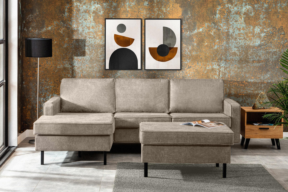 ECKSOFA-LINKS INVIA mit Armlehnen vintage, Lederoptik-Stoff, hellgrau - Hellgrau/Schwarz, Textil (234/160cm) - KONSIMO®