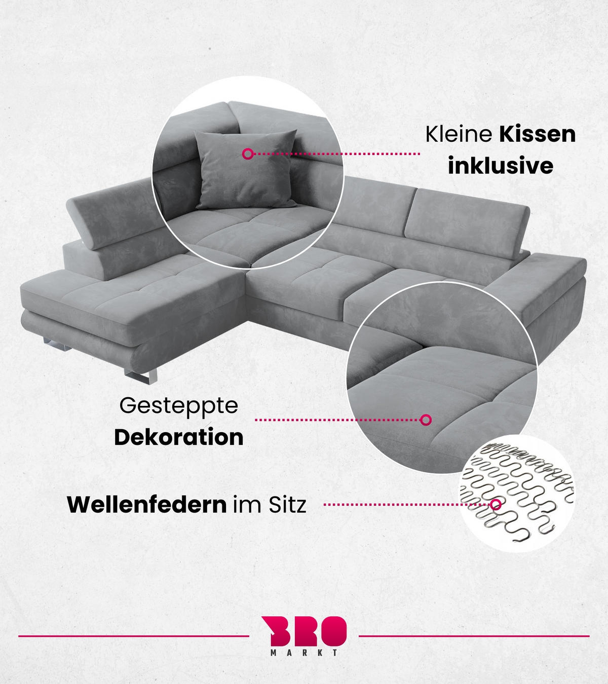 ECKSOFA Anton mit Schlaffunktion Grau Samt - Silberfarben/Grau, Textil/Metall (142/275cm) - Bromarkt