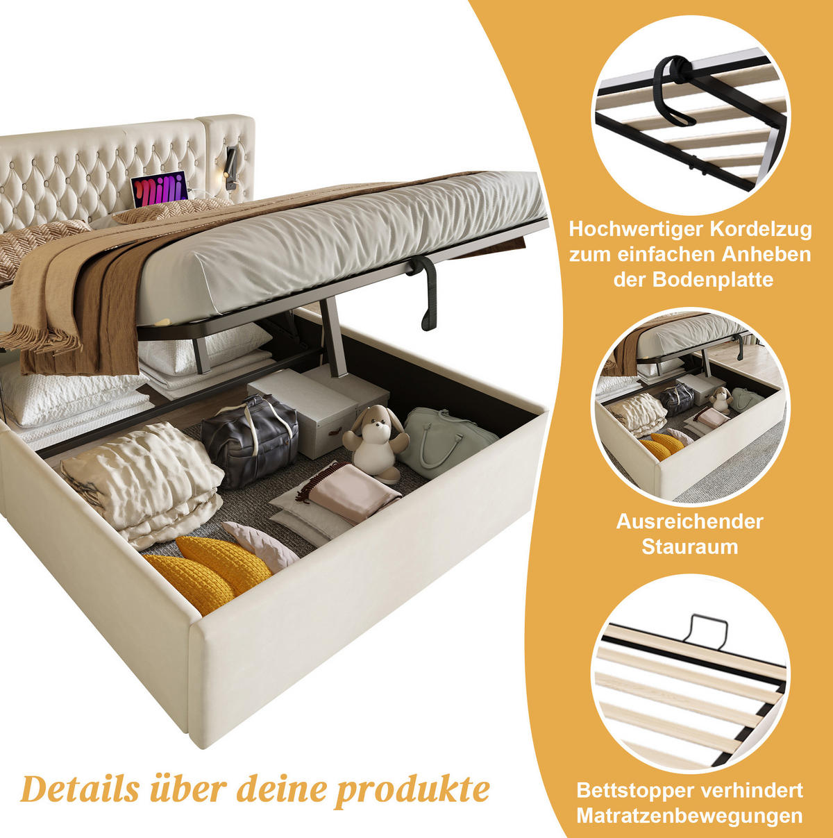 POLSTERBETT aus Samt 160x200 cm Beige mit hydraulischem Bettkasten, Nachttischen und USB-Ladefunktion - Beige, Textil (160/200cm) - IVMEU