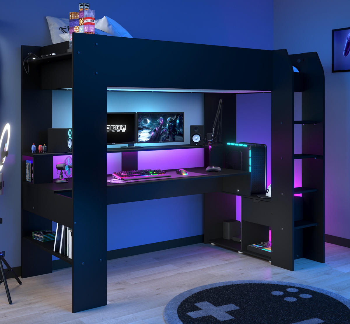 JUGENDZIMMER Gaming Set mit Schreibtisch und Schrank inkl. LED - Schwarz, Glas/Holzwerkstoff (290/180/62cm) - Parisot Meuble