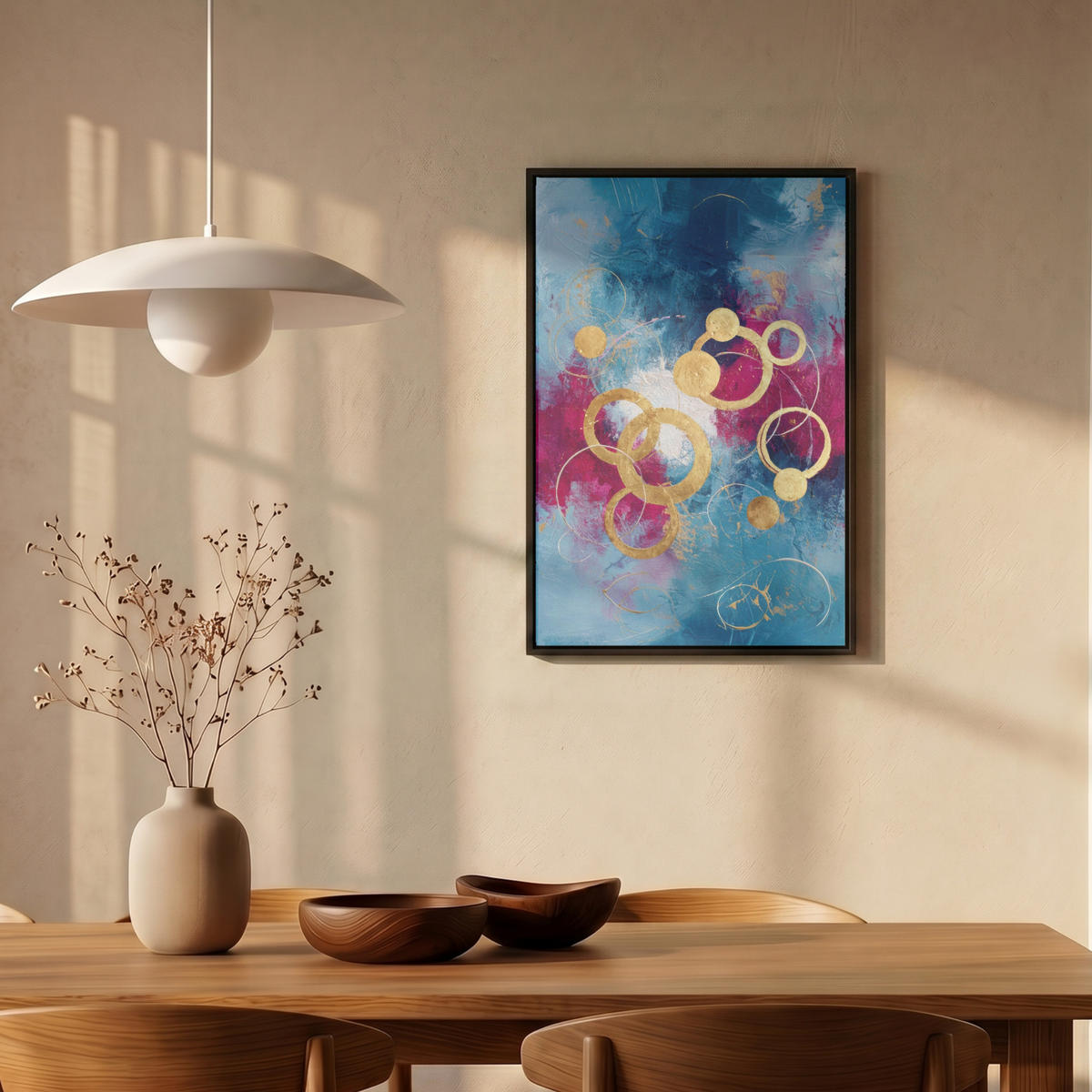 LEINWAND Bilder mit Rahmen - Kreise - Gold - Abstrakt - 40x60 - Blau, Textil (40/60cm) - MuchoWow