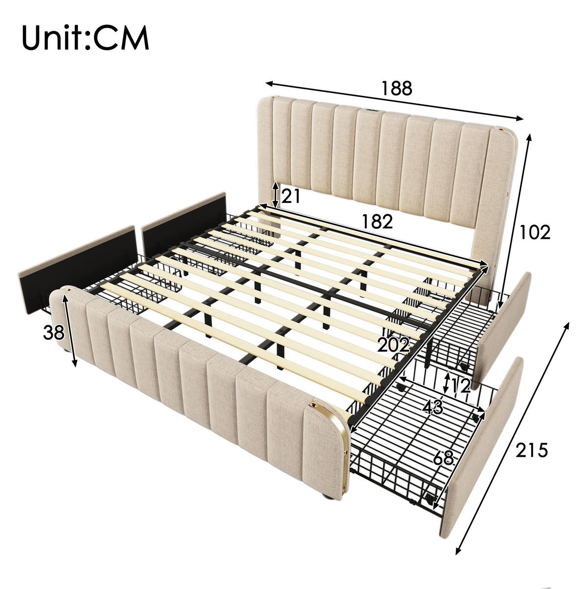 POLNJENA postelja iz lanu 180x200 cm bež z USB in USB-C priključkom, 4 predali ter vzmetnico H3 - bež, tekstil (180/200cm) - Modfu