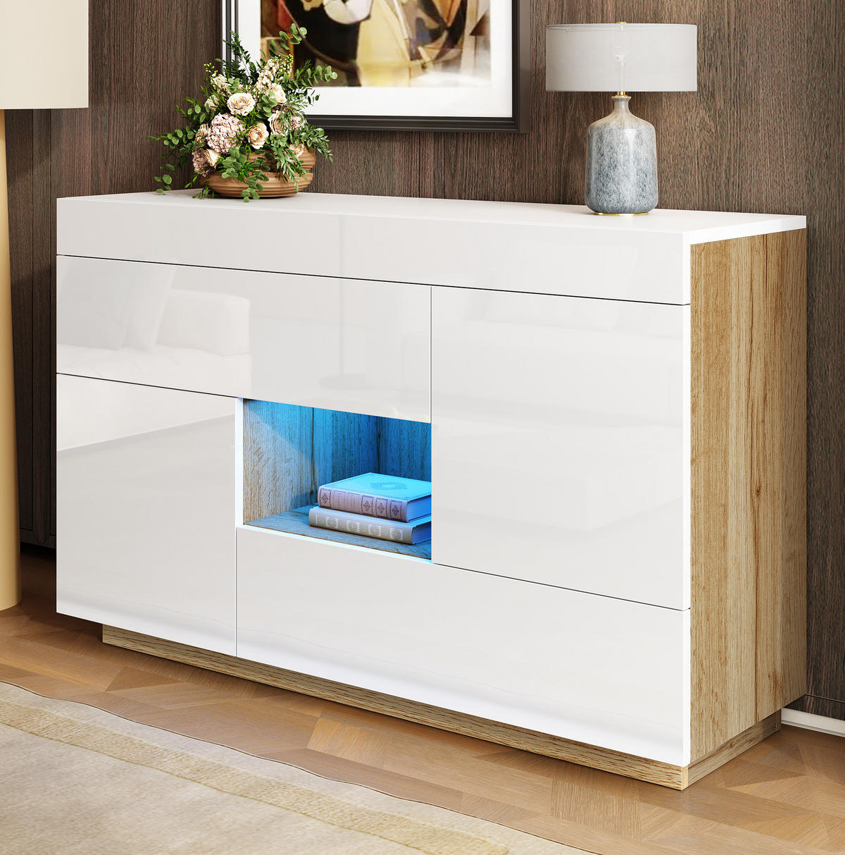 SIDEBOARD 120/76,5/37 cm in Weiß mit LED-Beleuchtung und 2 Schubladen - Weiß, Holzwerkstoff (120/37/76.5cm) - Flora Grace