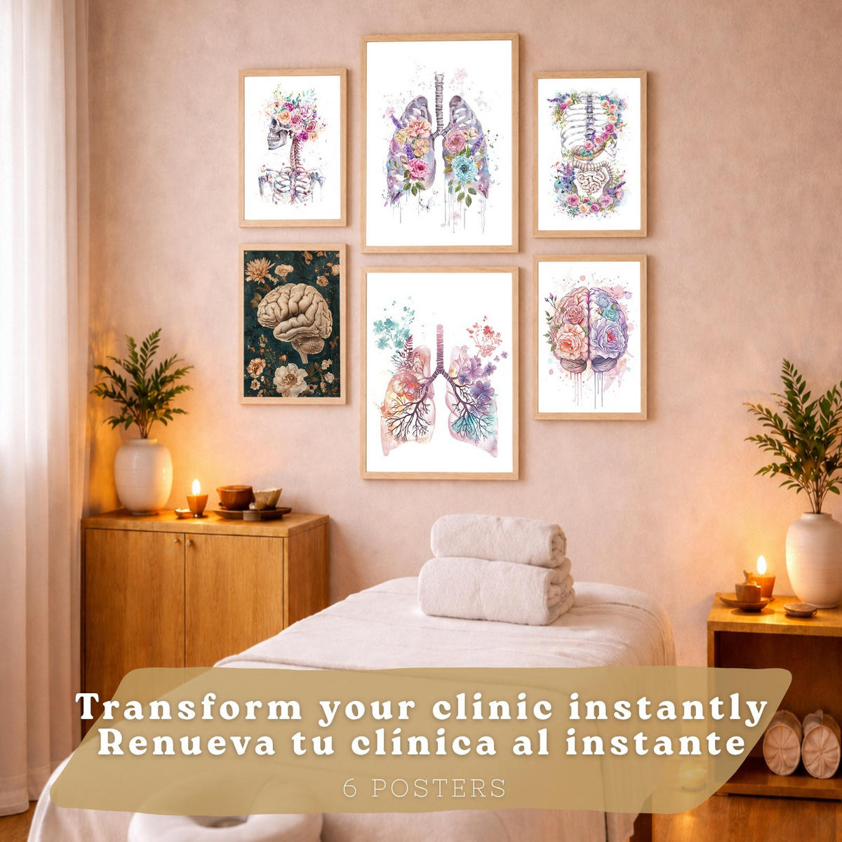 POSTER Set aus 6 Anatomie Mensch Florale Aquarell Drucke und mit Gehirn Lungen Skelett Nieren und Organen Botanische Größe Rahmenlos A3 & A4 - Klar, Papier (29.7/42/3cm) - Nacnic