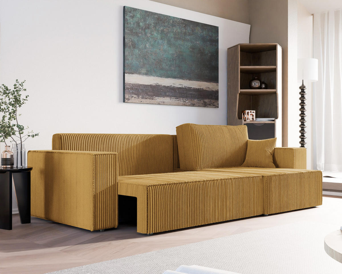 ECKSOFA mit Schlaffunktion und Bettkasten, Gelb - Gelb, Holzwerkstoff/Textil (145/276cm) - Idohome