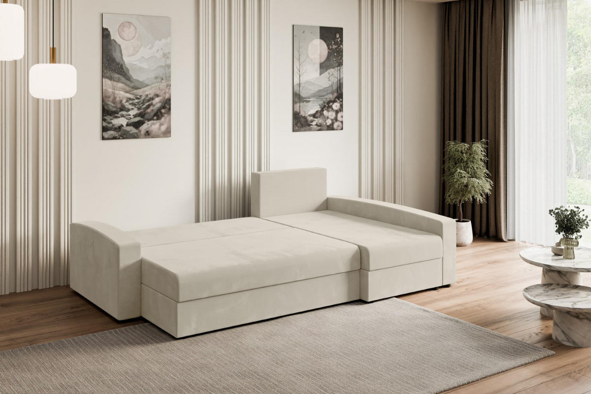 ECKSOFA mit Schlaffunktion und Bettkasten ALESIA-L 231x140x90 cm Beige Velours - Beige/Silberfarben, Holzwerkstoff/Kunststoff (231/140cm) - ALTDECOR