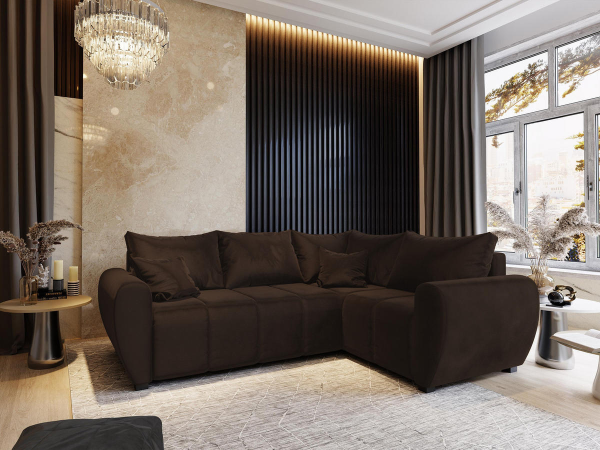 ECKSOFA MADISON L R-S Braun Plüsch-Stoff mit Schlaffunktion - Braun, Holz (235/175cm) - MASSENO