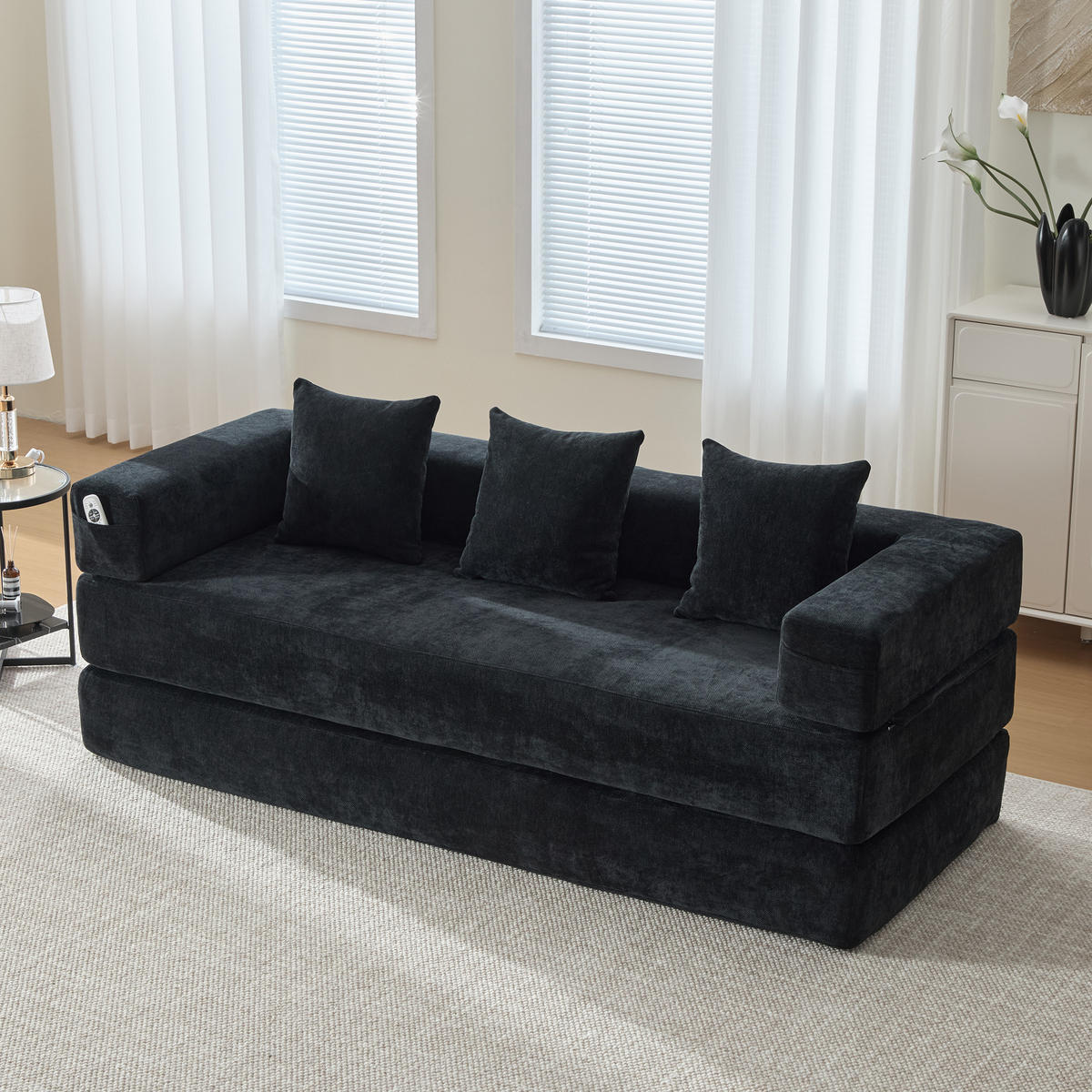 3-SITZER SOFA Chenille Schwarz mit Seitentaschen und Anti-Rutsch-Unterseite - Schwarz, Holzwerkstoff/Textil (198/60/79cm) - WISHDOR