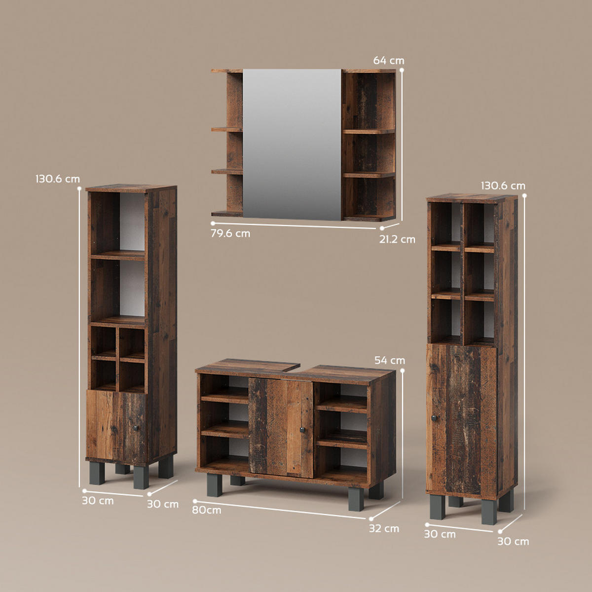 BADMÖBEL-SET Fucino Eiche rustikal 4 Teile, mit Midischränke - Wildeiche, Holzwerkstoff (60/54/32cm) - Livinity®