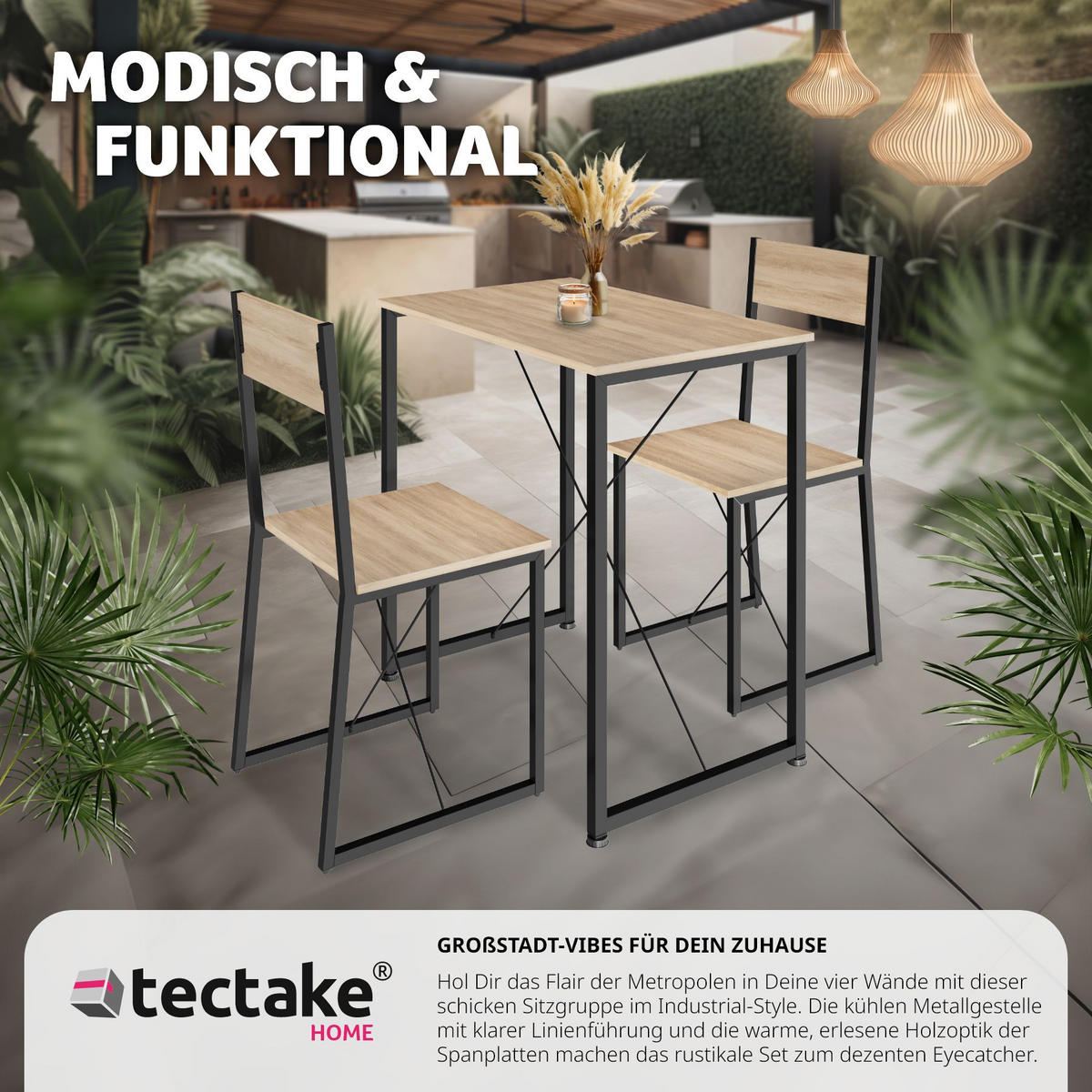 SITZGRUPPE Margate,mit höhenverstellbaren Kunststofffüßen,Industrial Holz hell, Eiche Sonoma - Naturfarben, Holzwerkstoff (80/90/138cm) - tectake