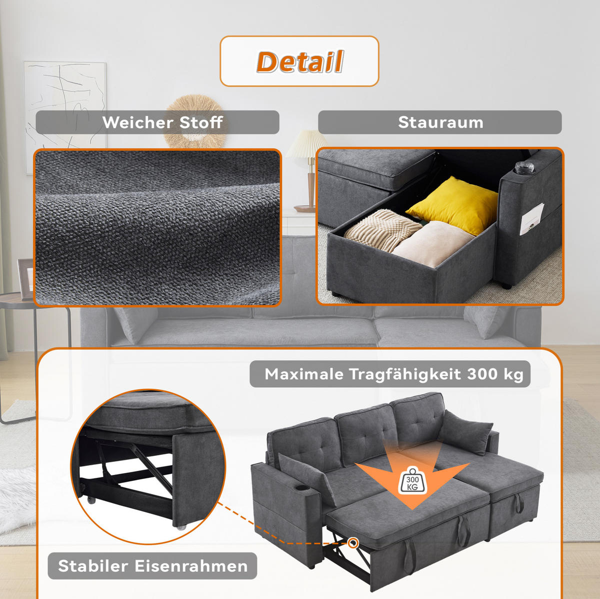SCHLAFSOFA 211/130 cm in Grau – mit Stauraum und austauschbarer Chaiselongue - Grau, Textil (130/86/211cm) - BEAOK