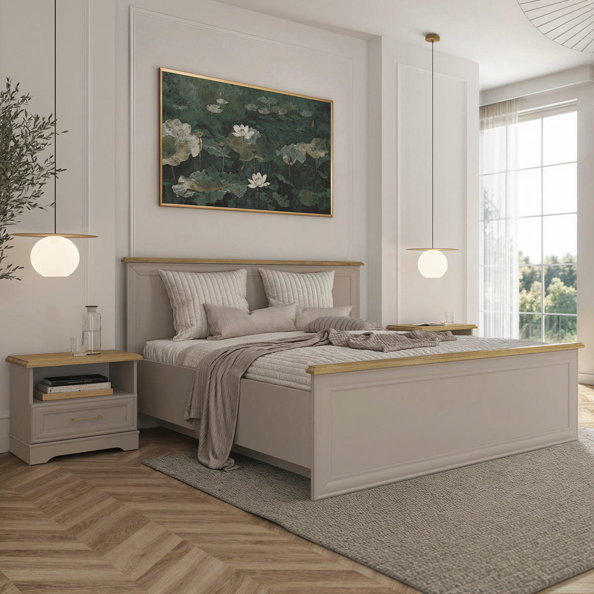 BOXBETT 160/200 Perle Kaschmir und Eichenholz-Optik - Beige, Holzwerkstoff (160/200cm) - Petits-meubles