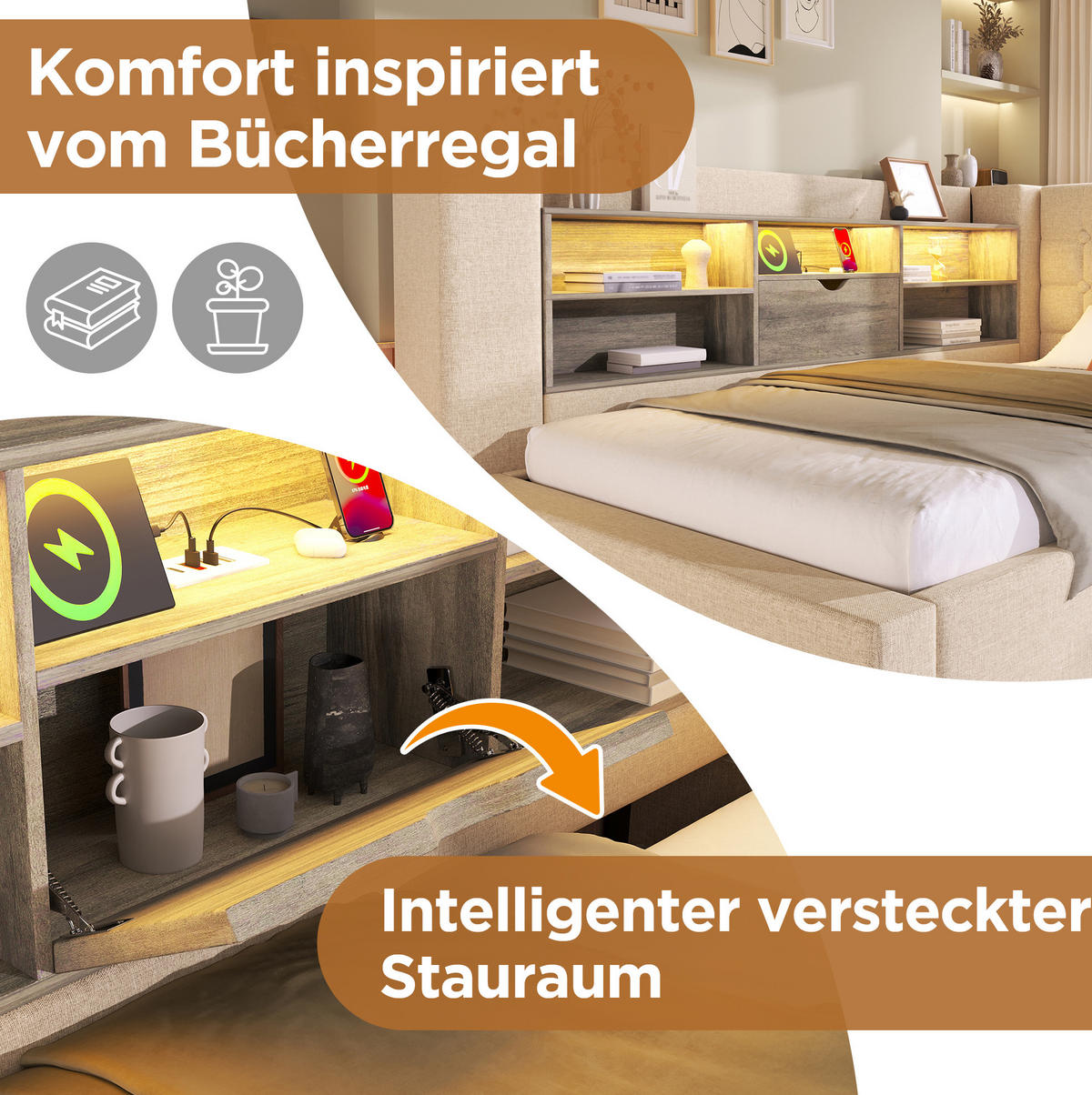 POLSTERBETT 140/190 cm mit LED-Beleuchtung, Bettkasten und gepolstertem Kopfteil - Beige, Textil (140/190cm) - BEAOK