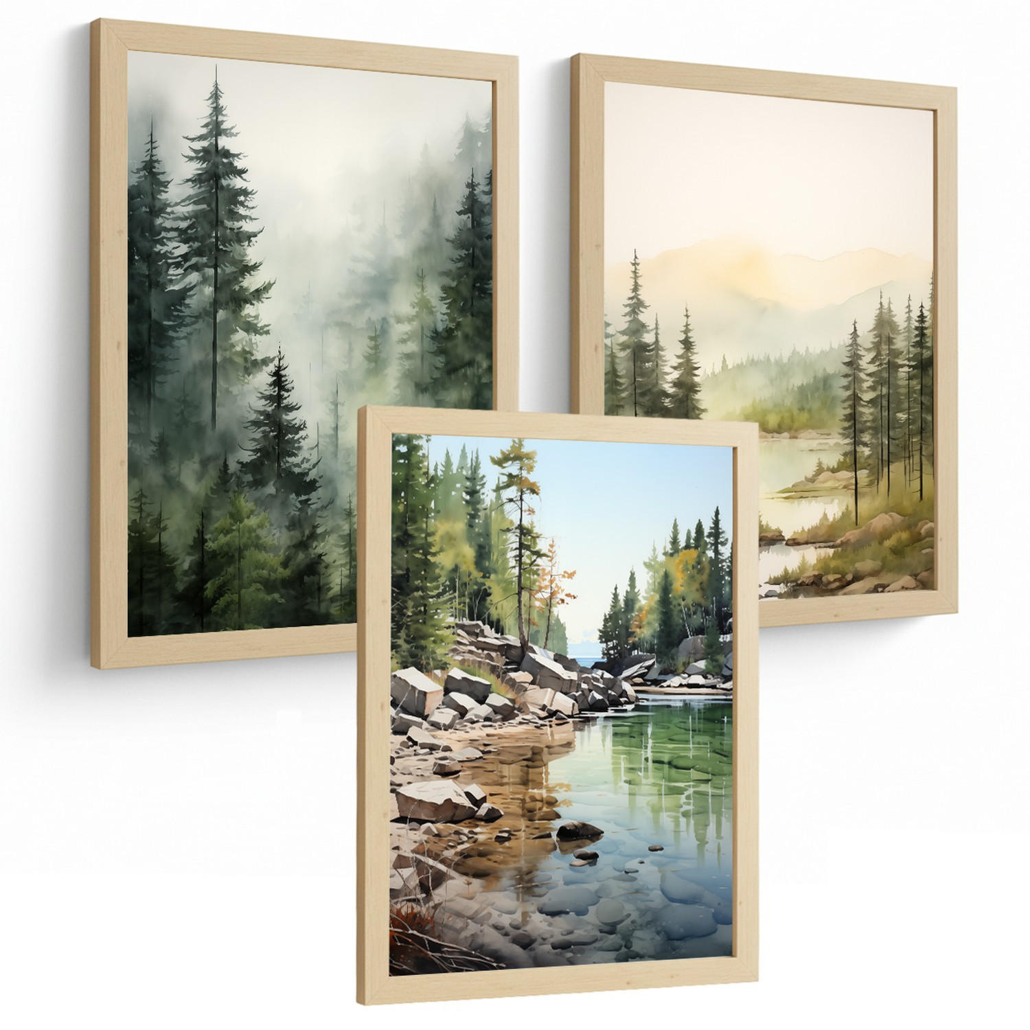 PLAKAT Sada tří dekorativních tisků Nordic Landscape obývací pokoj Obrázky - zelené a hnědé dekorativní plakáty Obývací pokoj A4 bez rámu