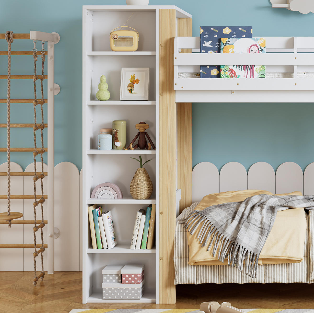 ETAGENBETT 90/200 cm in Weiß/Natur mit Kleiderschrank und Regalen - Weiß, Holzwerkstoff (90/200cm) - BEAOK