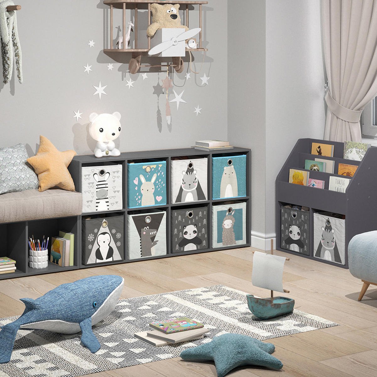 KINDERREGAL Scutum Grau 143 x 72 cm mit 8 Faltboxen - Grau, Holzwerkstoff (143/72/29cm) - Vicco
