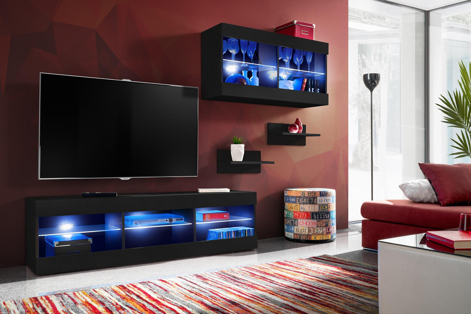 WOHNWAND TIVOLI SET3-BLACK/BLACK+BLU Offener Raum Schwarz Schwarz - Schwarz, Glas/Holzwerkstoff (240/195/35cm) - Komodee