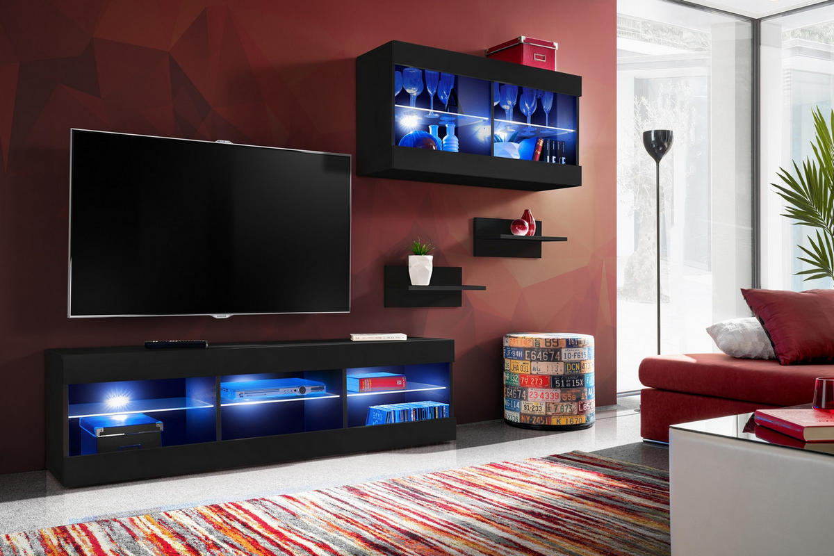 WOHNWAND TIVOLI SET3-BLACK/BLACK+BLU Offener Raum Schwarz Schwarz - Schwarz, Glas/Holzwerkstoff (240/195/35cm) - Komodee