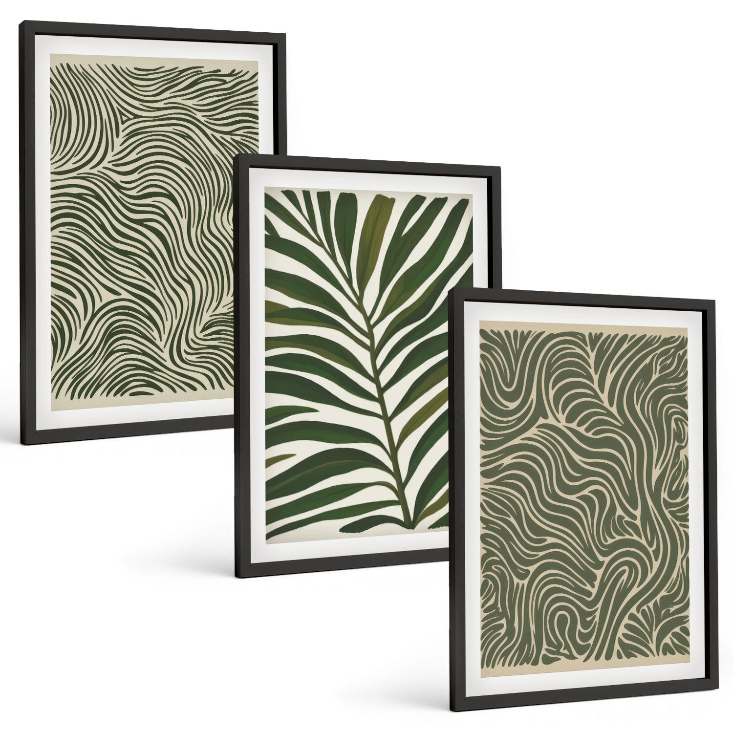 BILDER SET 3er Set - 40x60 cm Schwarzer Rahmen - Blattmuster wellenförmige Formen - Schwarz, Kunststoff (40/60cm) - TULUP