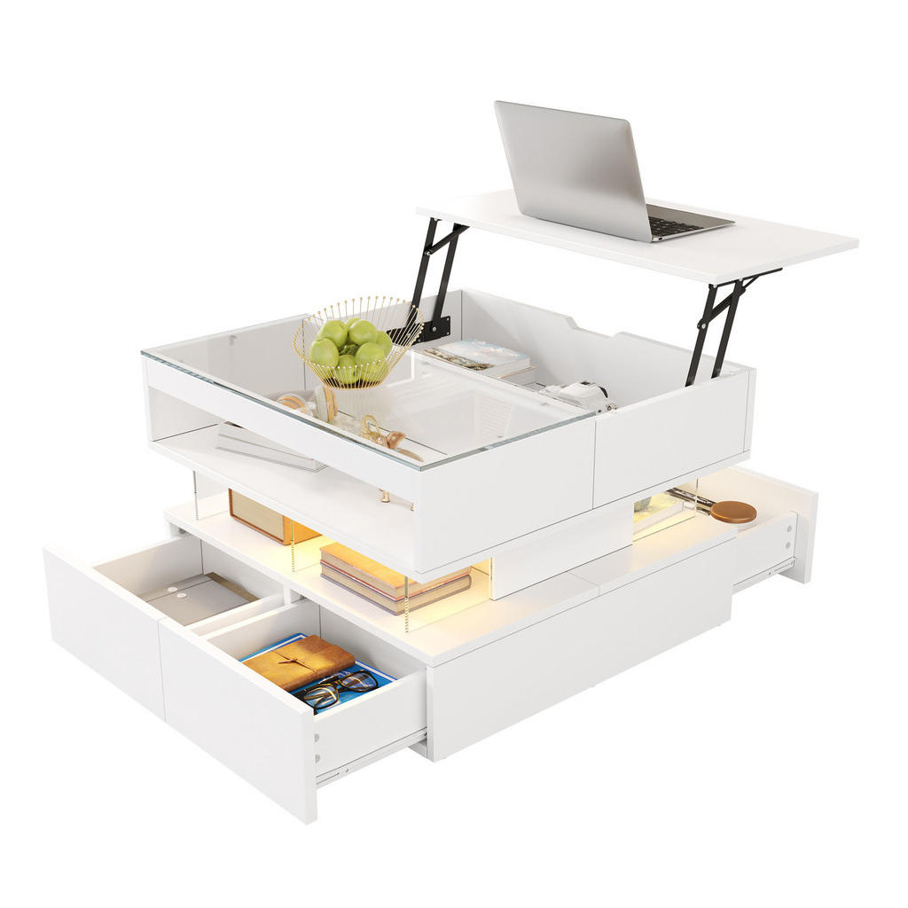 Redom KONFERENČNÍ stolek 70/67/57 cm s výklopnou deskou, LED osvětlením, skleněnou deskou a úložným prostorem, Bílá