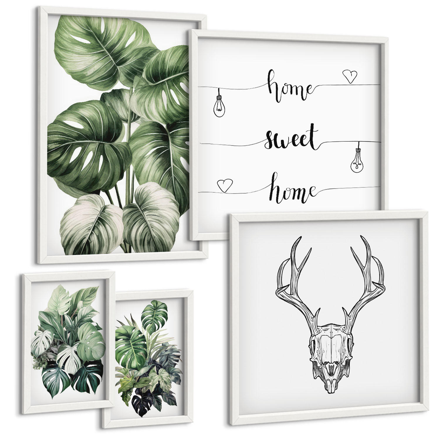 BILDER SET 5er Set - 50x50 cm & 20x30 cm & 40x60 cm Weißer Rahmen - Ausblicke auf Berge, Flüsse und Wasserfälle - Weiß, Kunststoff (40/60cm) - TULUP
