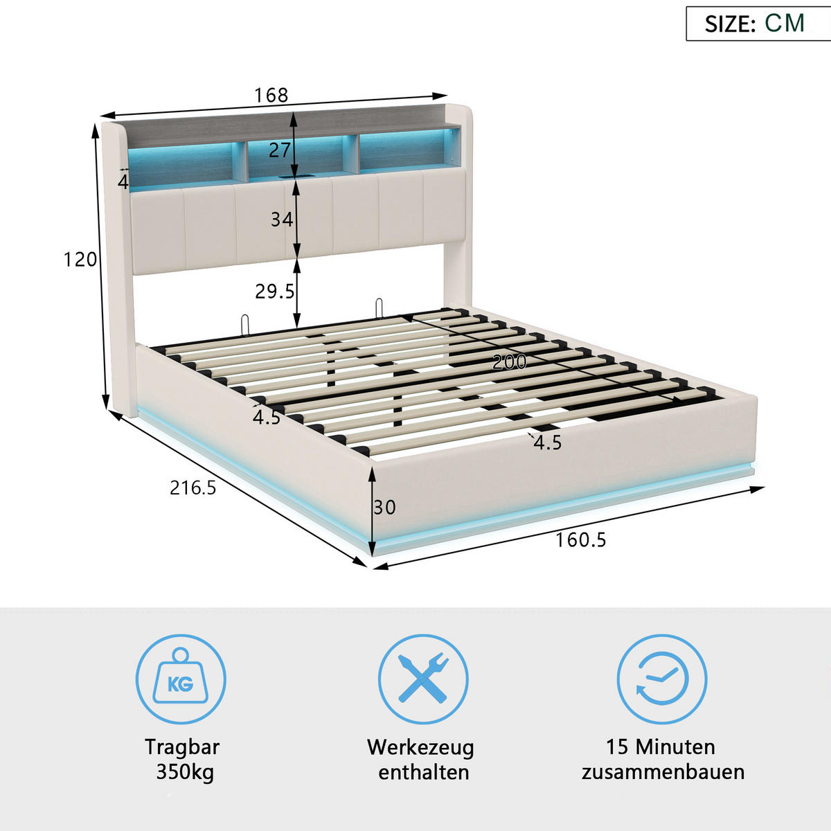 POLSTERBETT 160x200 cm LED Ablagefach Samt weiß - Weiß, Holz (160/200cm) - LEBENLANG