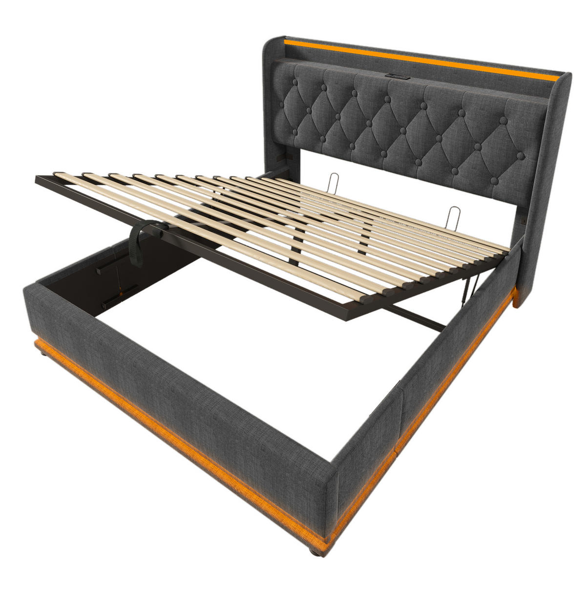 POLSTERBETT 140/190 cm mit 360°-LED, USB-C, hydraulischem Bettkasten und Leinenbezug, Grau - Grau, Textil (140/190cm) - Redom