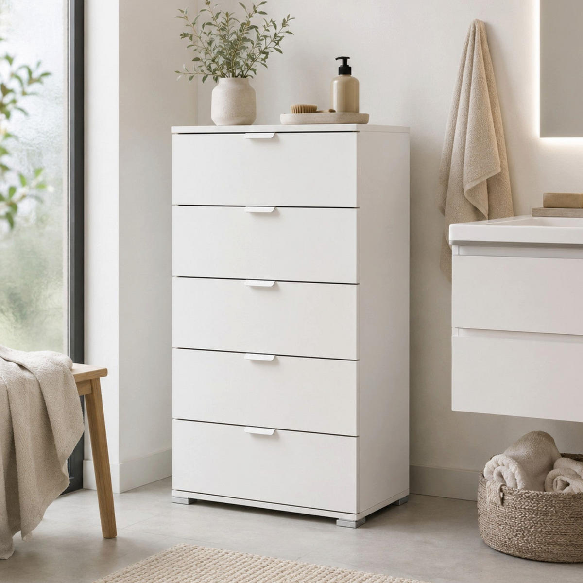 BELA Komoda s 5 Predali Že Sestavljena ; Prostorsko Varčno Pohištvo 60x103x38 cm - bela, leseni material - The White Stone