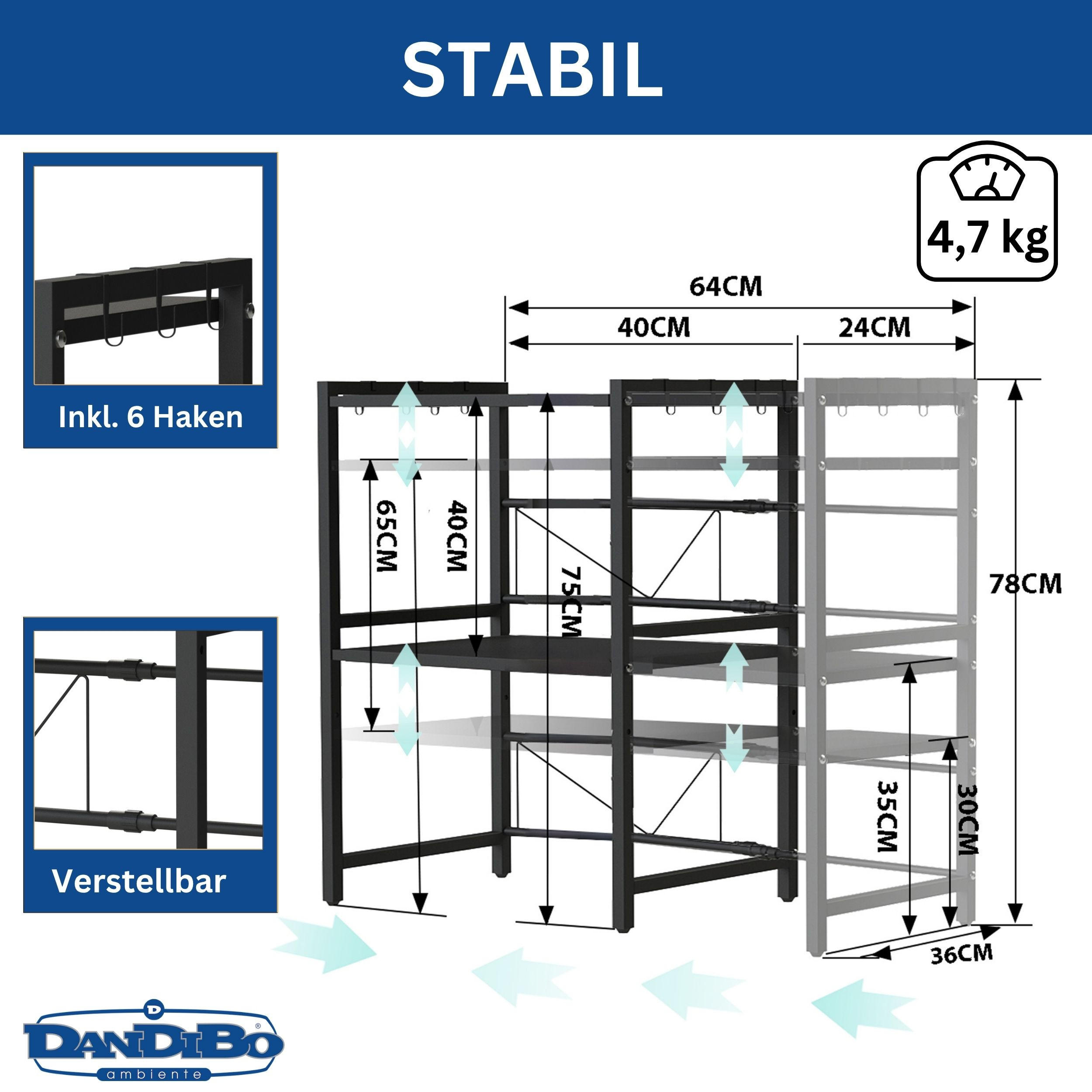 MIRKOWELLENREGAL 3 Stufig Verstellbar 40 - 64 cm Metall - Schwarz, Metall (64/78/36cm) - DanDiBo