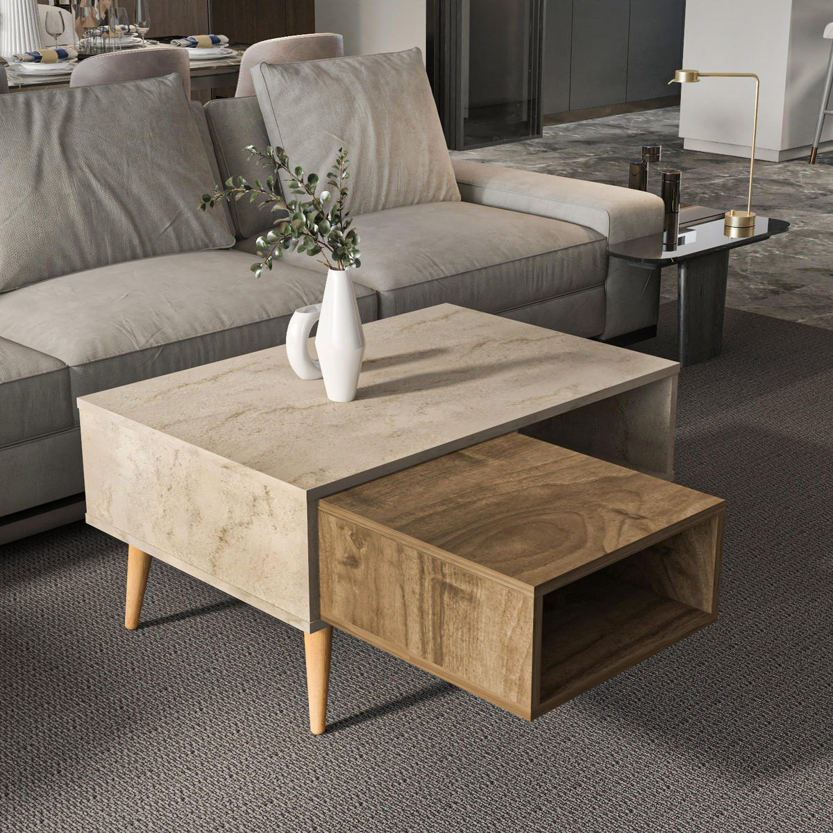 COUCHTISCH Oberon Travertin Walnuss - Beige, Holzwerkstoff (60/90/43cm) - Decorotika