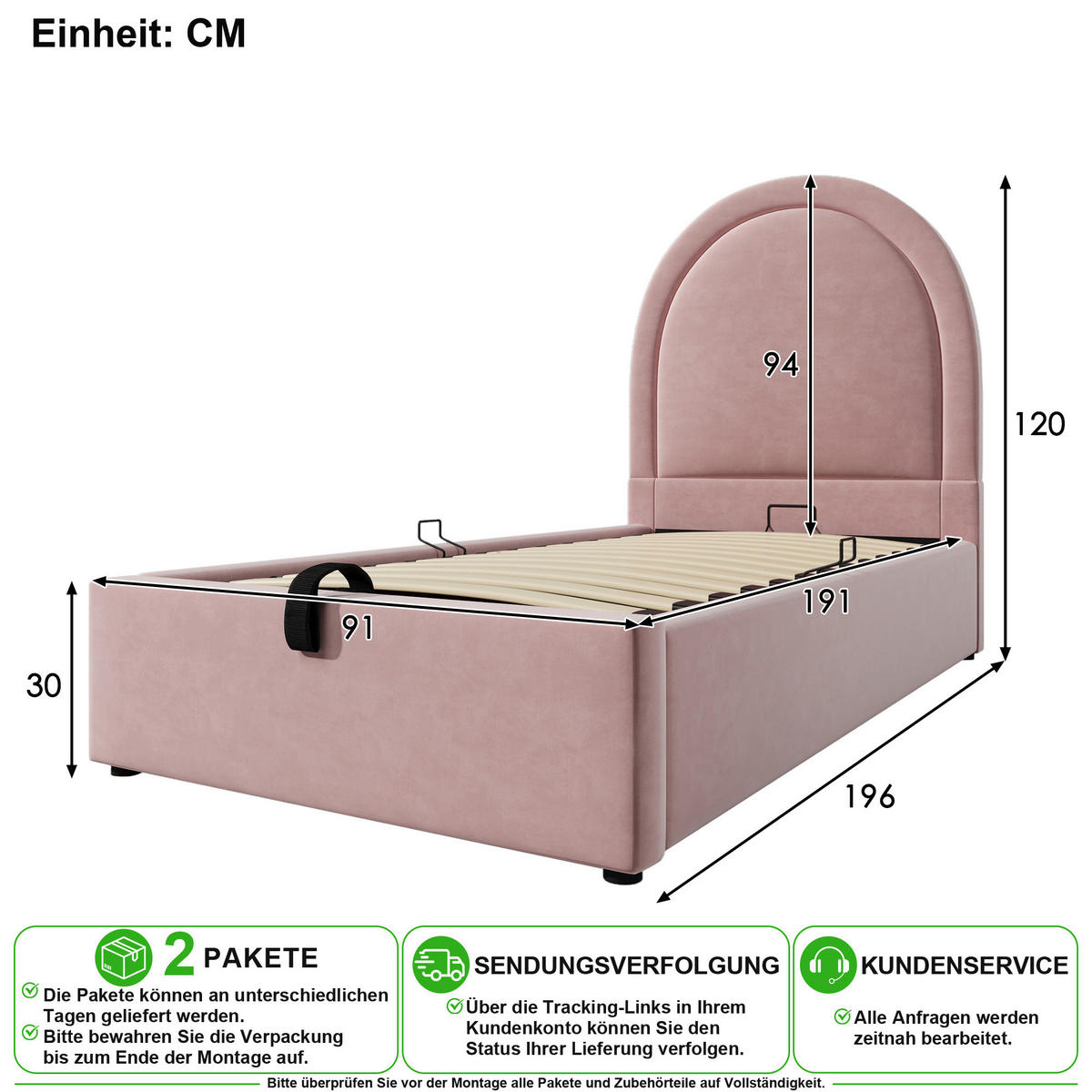 KINDERBETT 90/190 cm in Rosa mit Bettkasten Samt - Rosa, Holzwerkstoff/Textil (90/190cm) - CHICFURN
