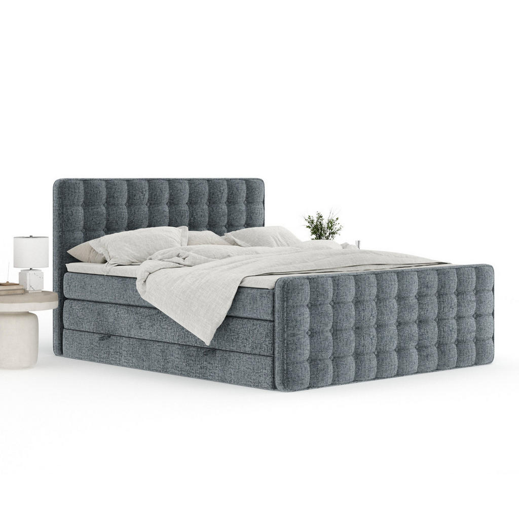 Thumbnail - Maison de Reve Boxspringbett, Blaugrau, Textil, Buche, Kiefer, H3 + H4, 7-Zonen, Höhe ca. 40 cm, 200x200 cm, Handmade in...