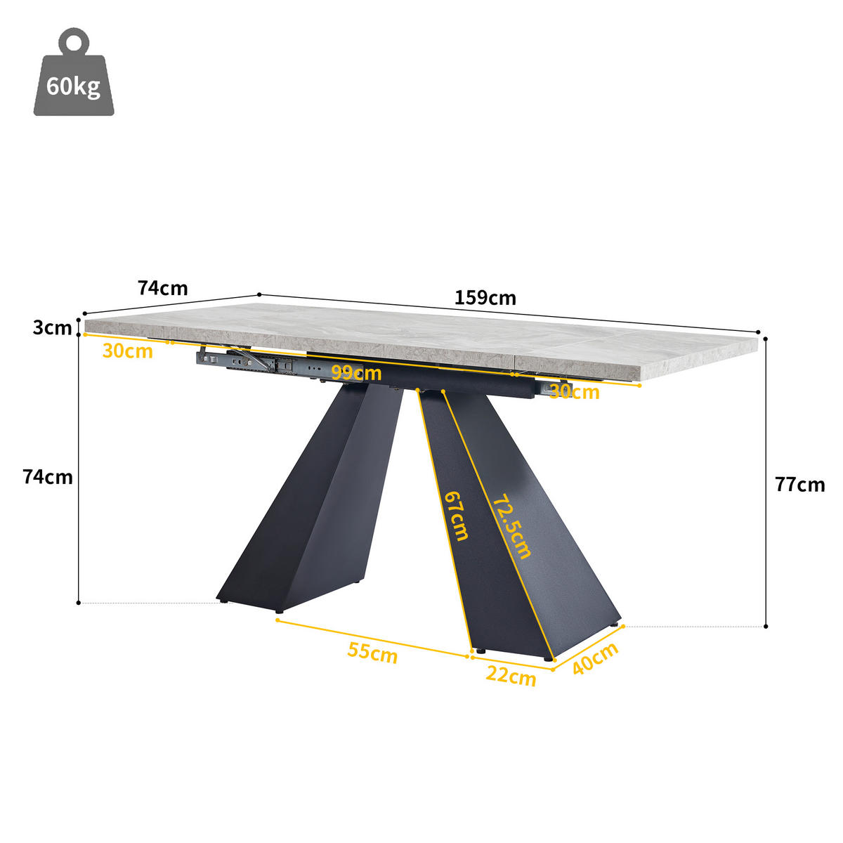 ESSTISCH Grau 159/74/77 cm - Grau, Holz/Metall (74/159/77cm) - Urban Meuble