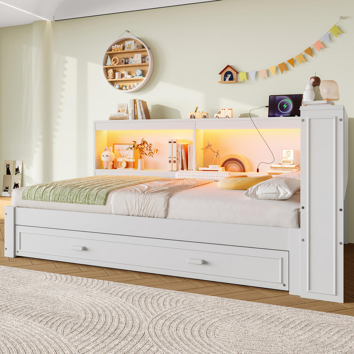 SCHLAFSOFA 90/200 cm & 90/190 cm in Weiß mit Ausziehbett, LED und USB - Weiß, Holz/Holzwerkstoff (90/200cm) - WISHDOR