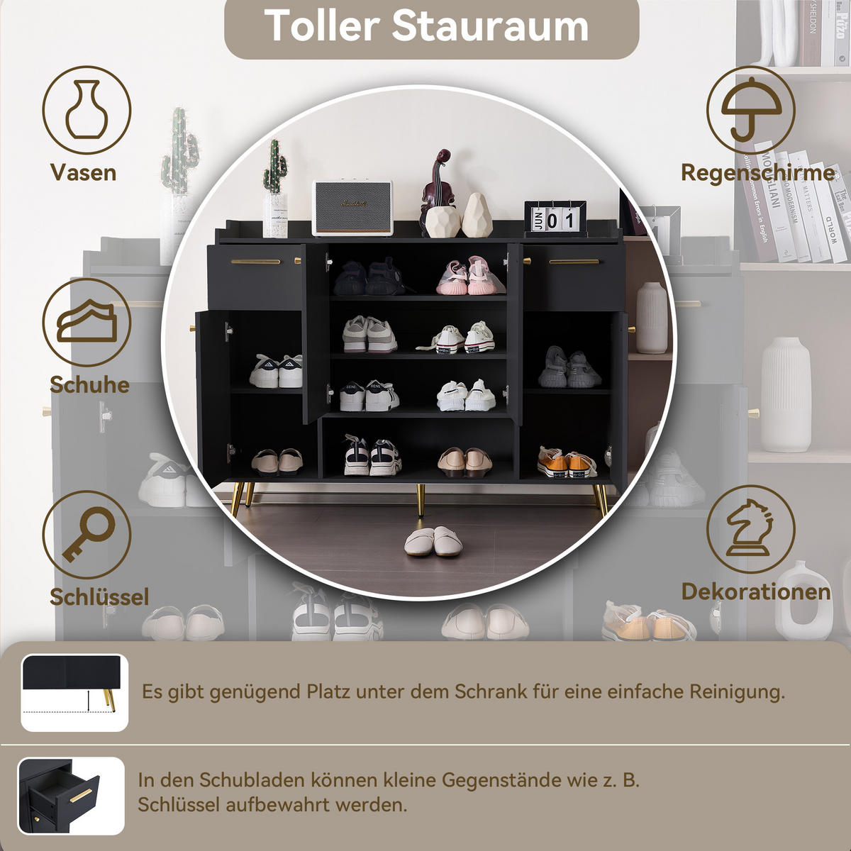 SCHUHSCHRANK mit 4 Türen Schwarz 130x37x100cm - Schwarz, Holzwerkstoff (37/100/130cm) - FLIEKS