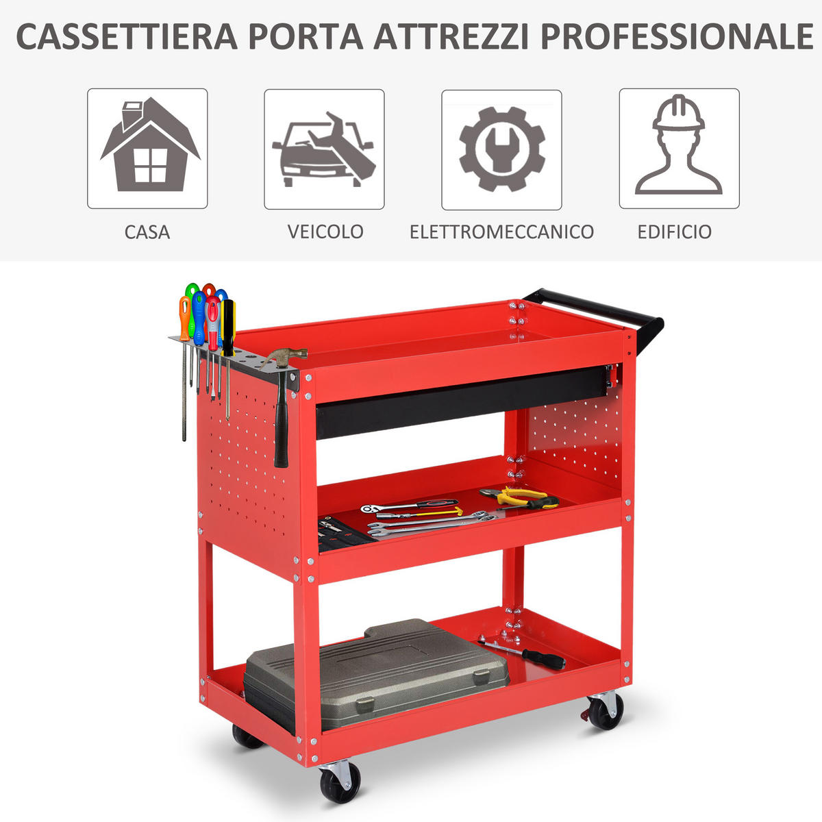 WERKZEUGWAGEN, Stahlwagen mit Schublade und 3 Ablagen, 82 x 35 x 76 cm, Rot - Multicolor, Kunststoff (35/76/82cm) - FORIOUS