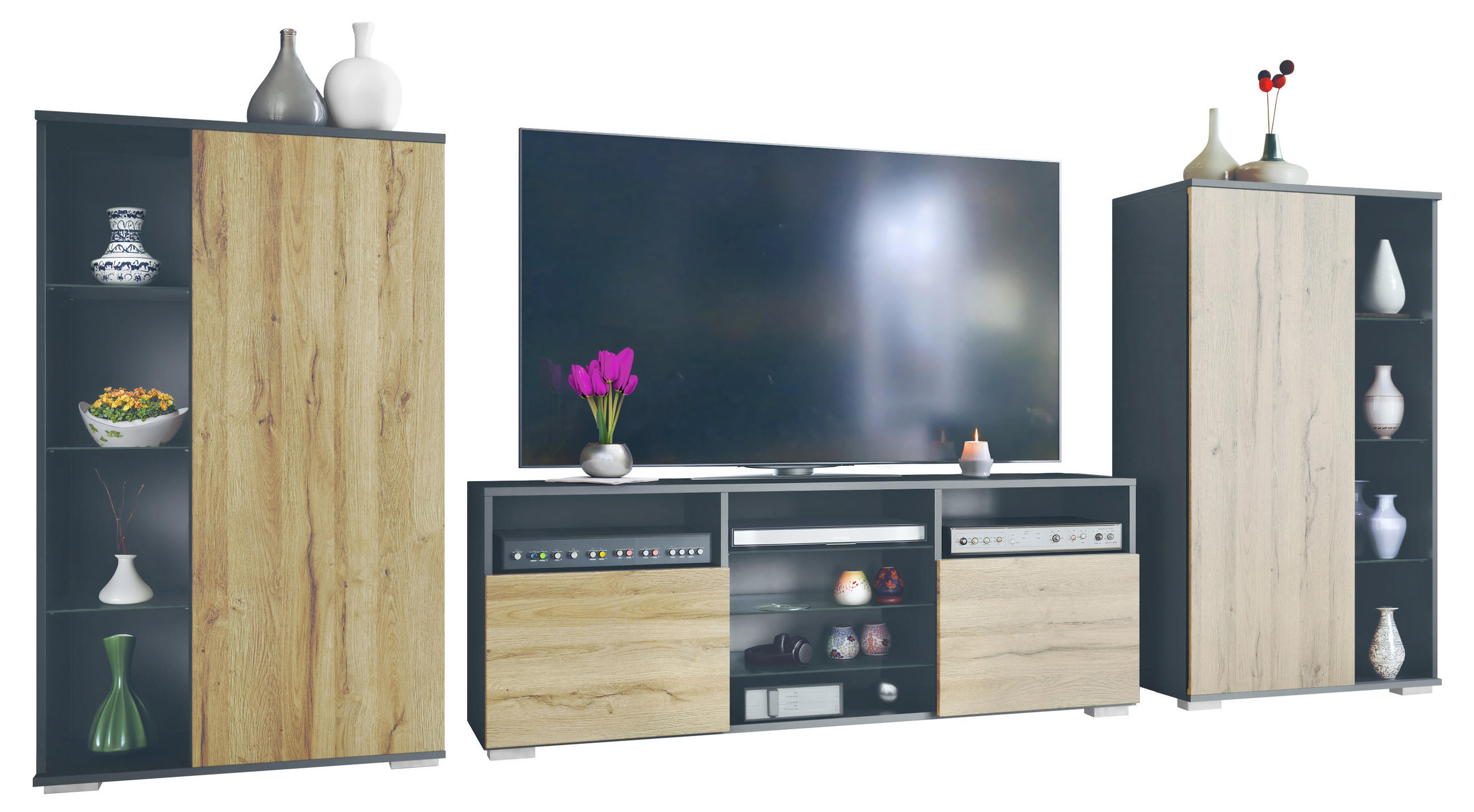 WOHNWAND Davos Eiche Natur - Eichefarben, Holzwerkstoff (329/134/35cm) - Vladon