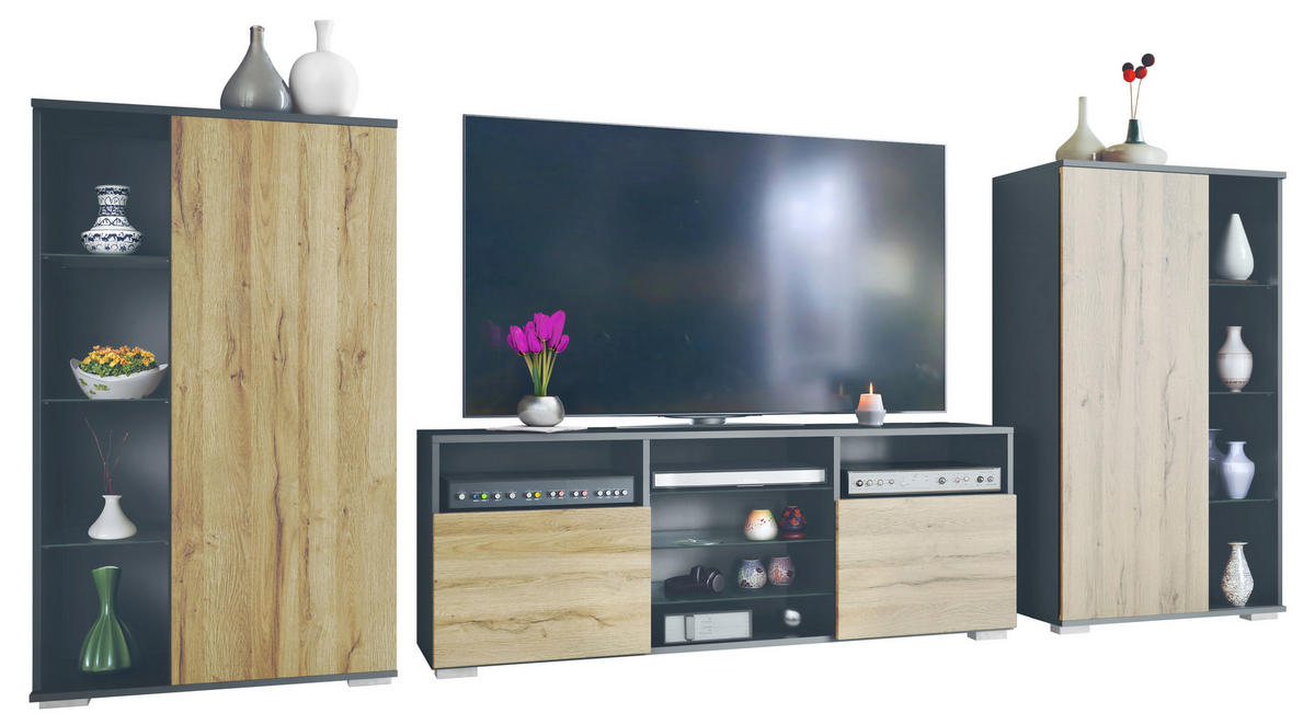 WOHNWAND Davos Eiche Natur - Eichefarben, Holzwerkstoff (329/134/35cm) - Vladon