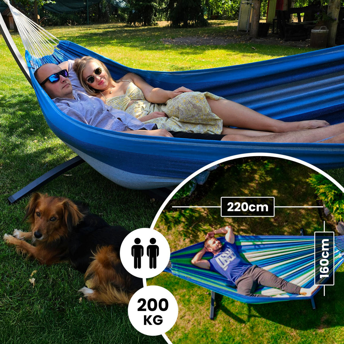 HÄNGEMATTE mit Gestell, 2 Personen, XXL, 200 kg, Metall, Blau, einfache Montage - Blau, Metall (370/130/120cm) - Potenza