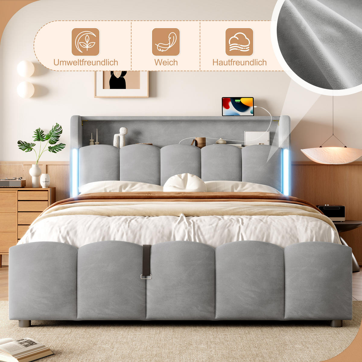POLSTERBETT 140/200 cm in Grau Samt mit Bettkasten, LED, USB und Type-C - Grau, Holzwerkstoff/Textil (140/200cm) - WISHDOR