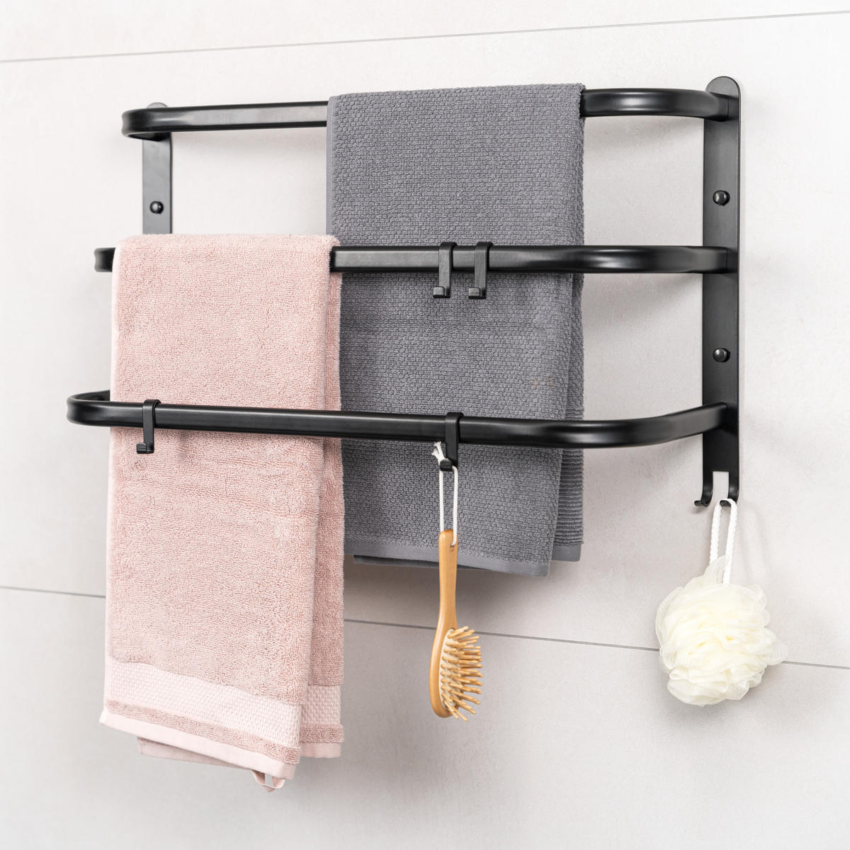 WAND-HANDTUCHHALTER 3 Stangen, schwarz - Schwarz, Metall (67.5/40/23cm) - bremermann